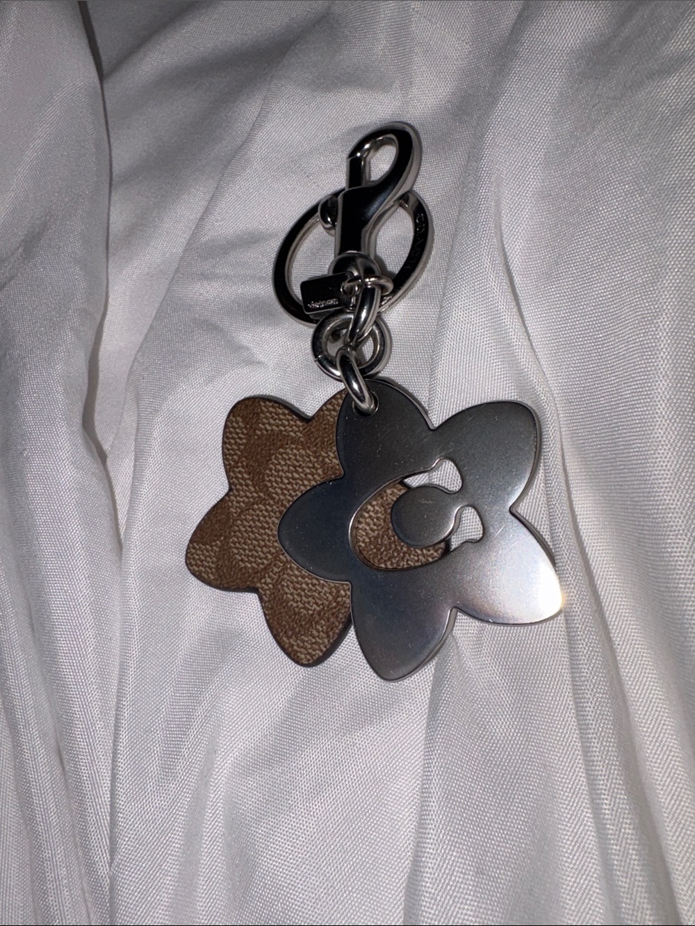 EUC Coach Two-Tone Floral Key & Card Holder Charm in Brown and Silver